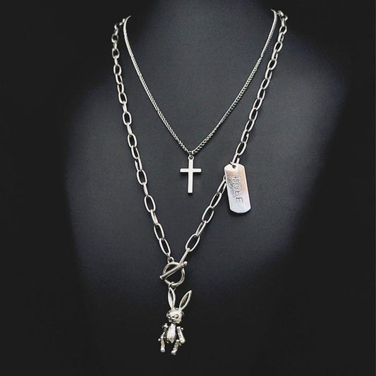 ins multi-layer hip-hop fashion cross necklace HOPE movable rabbit accessories personality pendant men and women tide