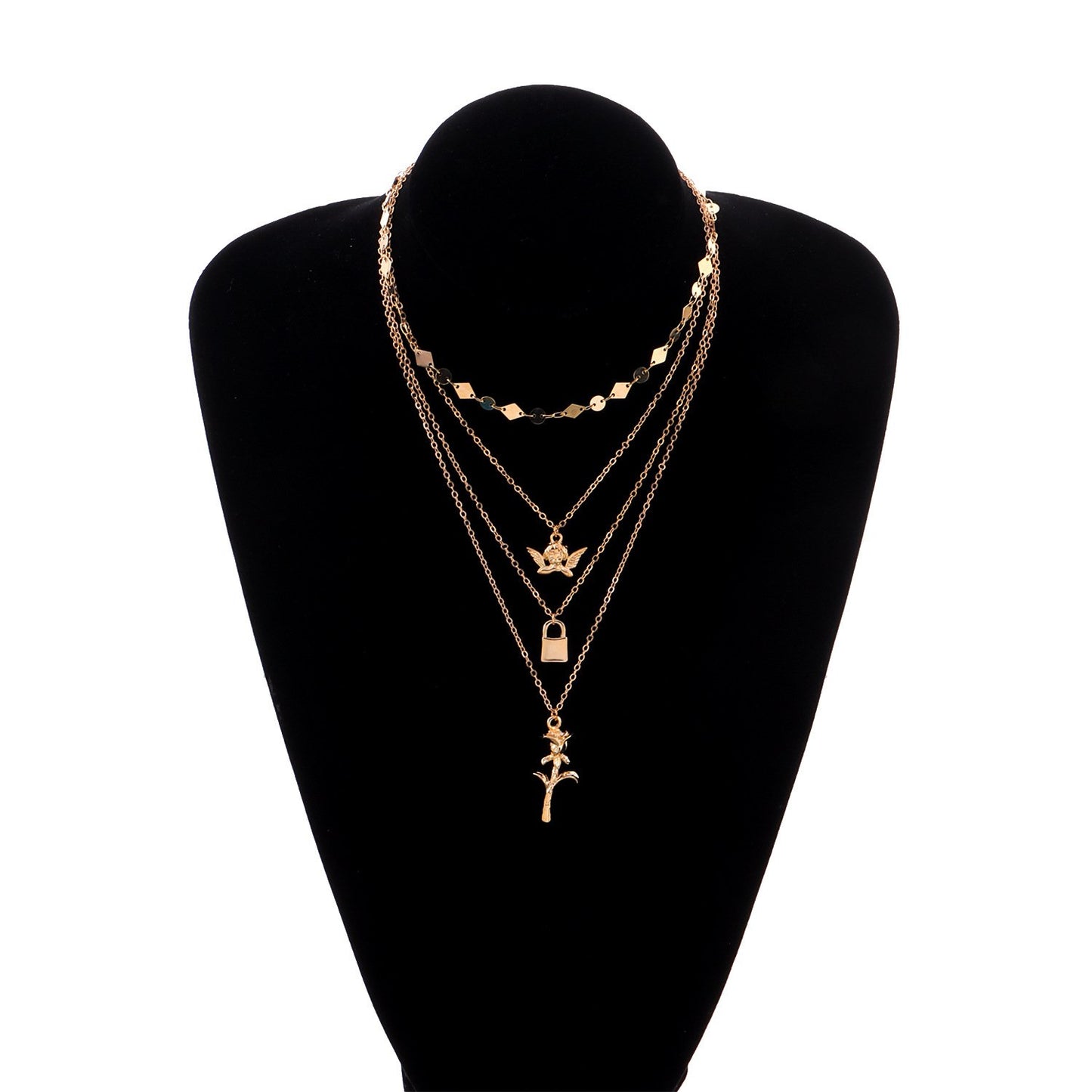 Jewelry Simple Harajuku Multi-layer Angel Lock Rose Pendant Fashion Personality Small Circle Necklace