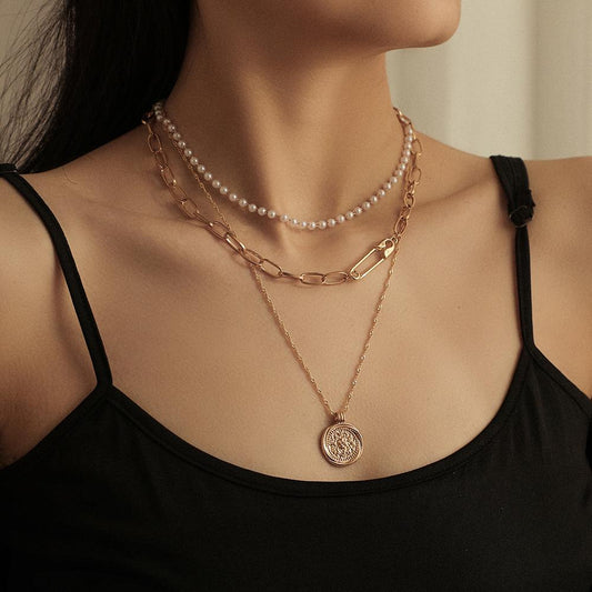 Necklace temperament fashion pearl compass pendant personality multi-layer clavicle chain accessories