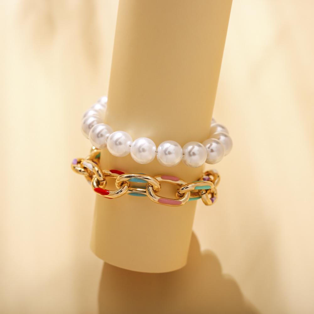 Fashion Double Layer Rainbow Drip Oil Cross Aluminum Chain Pearl Bracelet Simple Temperament Elegant Hand Jewelry Women