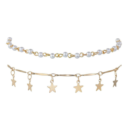 Sweet and simple looper pearl metal pentagram anklet long sequined double layer anklet