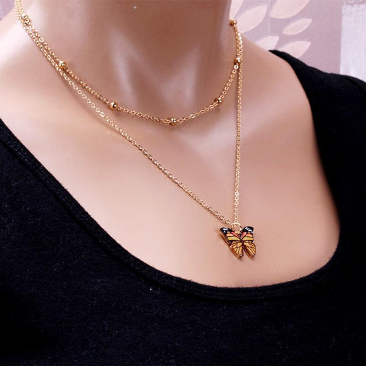 Set Butterfly Jewelry Colorful Double Layer Butterfly Pendant Necklace Feminine Elegant Butterfly Earrings