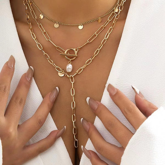 Jewelry Geometric Tassel Sequins Versatile OT Buckle Necklace Simple Pearl Pendant Long Necklace Women