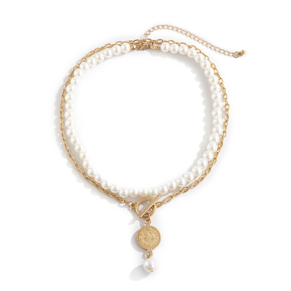 Jewelry Temperament Simple Geometric Beaded Necklace Retro OT Buckle Portrait Imitation Pearl Multilayer Necklace