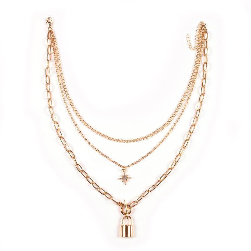 Necklace Retro Temperament Padlock Geometric Necklace Female Simple Padlock Metal Chain Three Layers Necklace