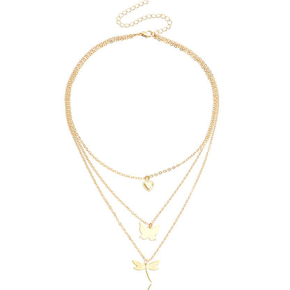 Fashion Jewelry Temperament Butterfly Dragonfly Combination Multilayer Necklace Niche Design Love Pendant Clavicle Chain Female