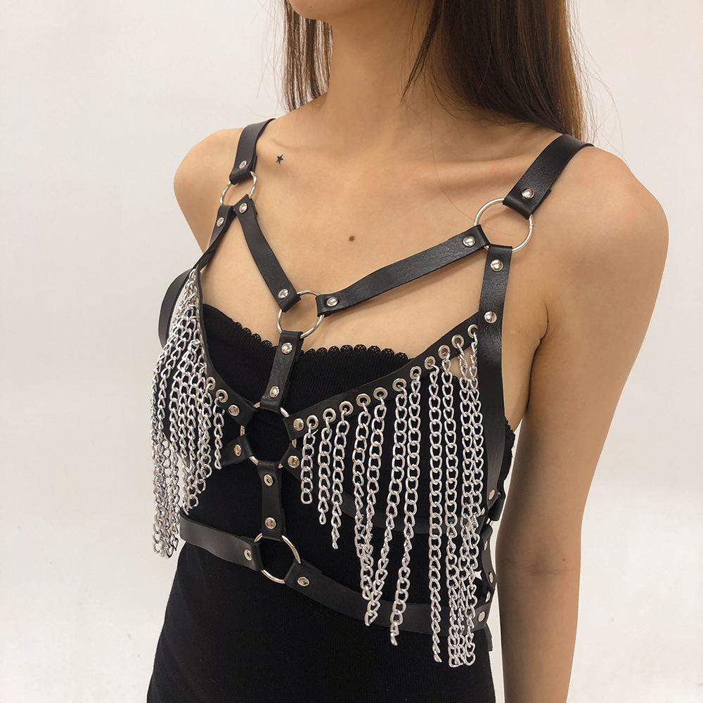 C271 Exaggerated Rock Body Chain PU Chain Tassel Sexy Hot Bundle Strap Bra Accessories Female