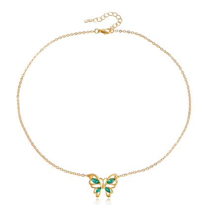 Jewelry Personality Emerald Butterfly Pendant Necklace Clavicle Chain Female Trendy Cool Fashion Cold Necklace