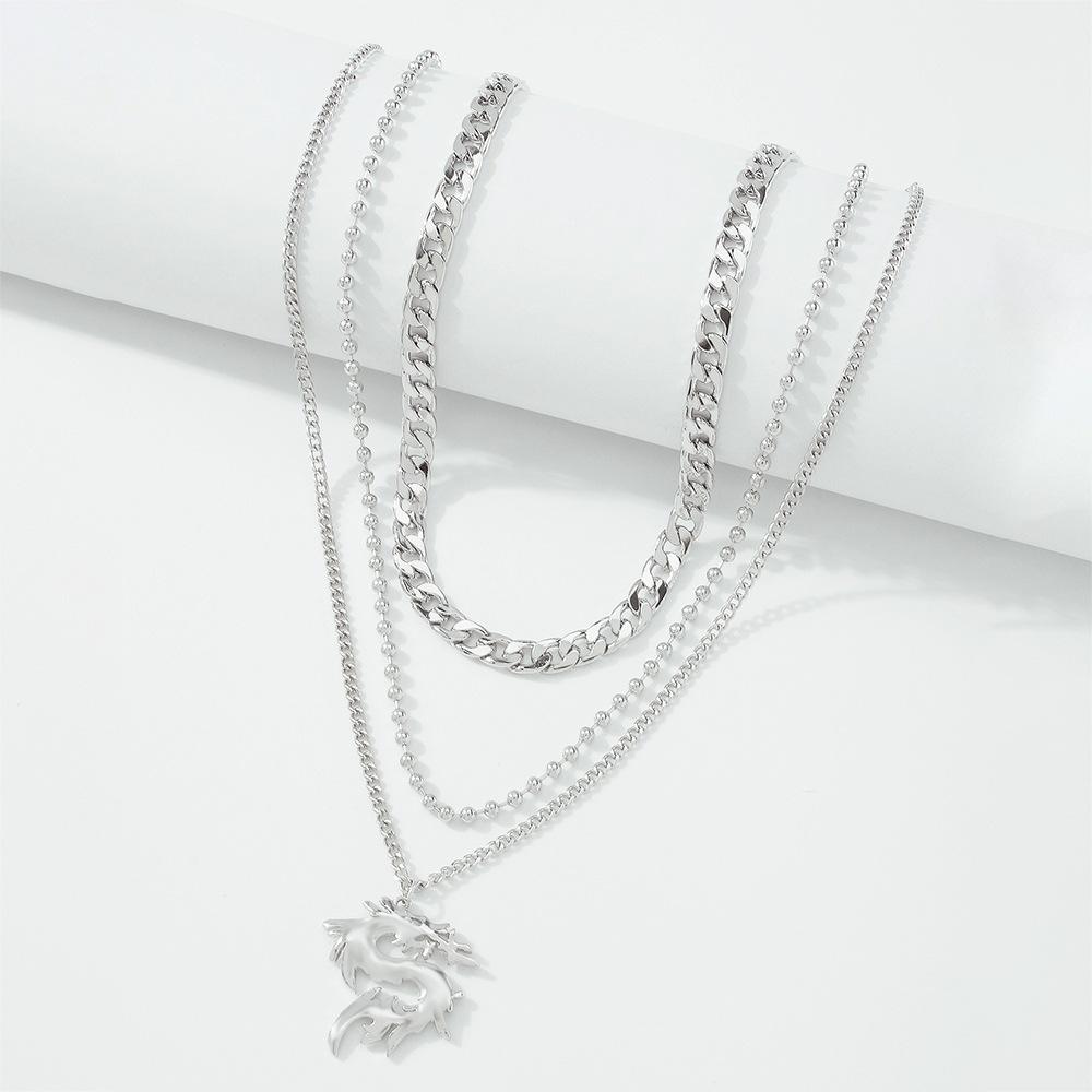N8992 Exaggerated Multilayer Necklace Female Dragon Totem Bead Cuban Chain Necklace Retro Geometric Creative Necklace