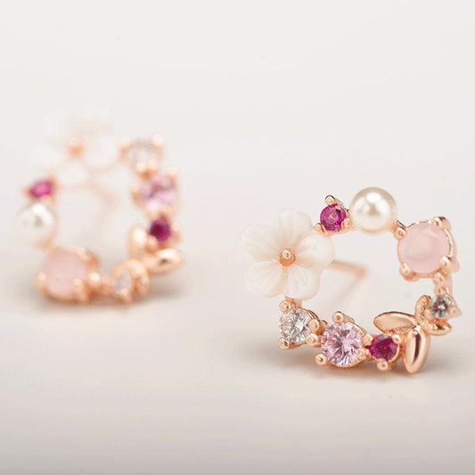 Creative Earrings Sweet Flower Stud Earrings Girly Heart Pearl Bow Wreath Earrings