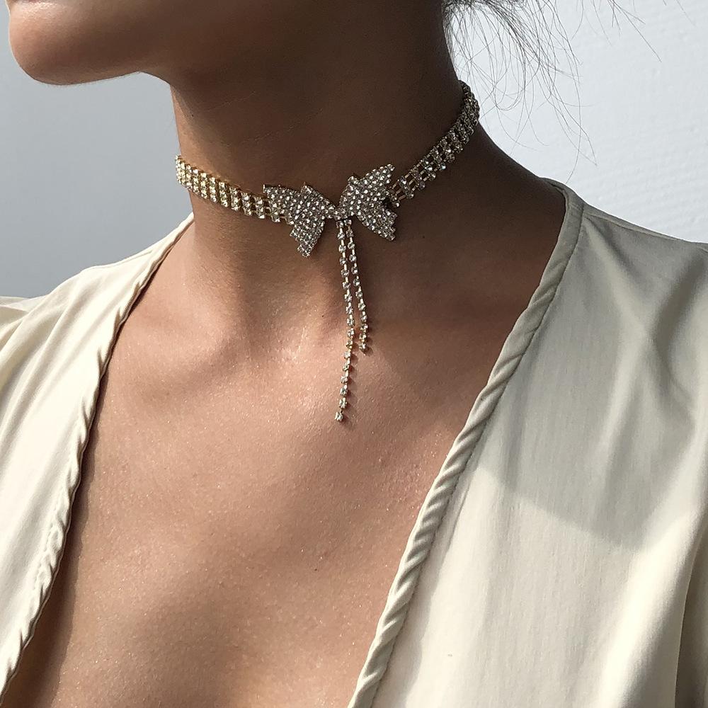 N7612 super fairy temperament full diamond bow short necklace fashion trend choker necklace female jewelry