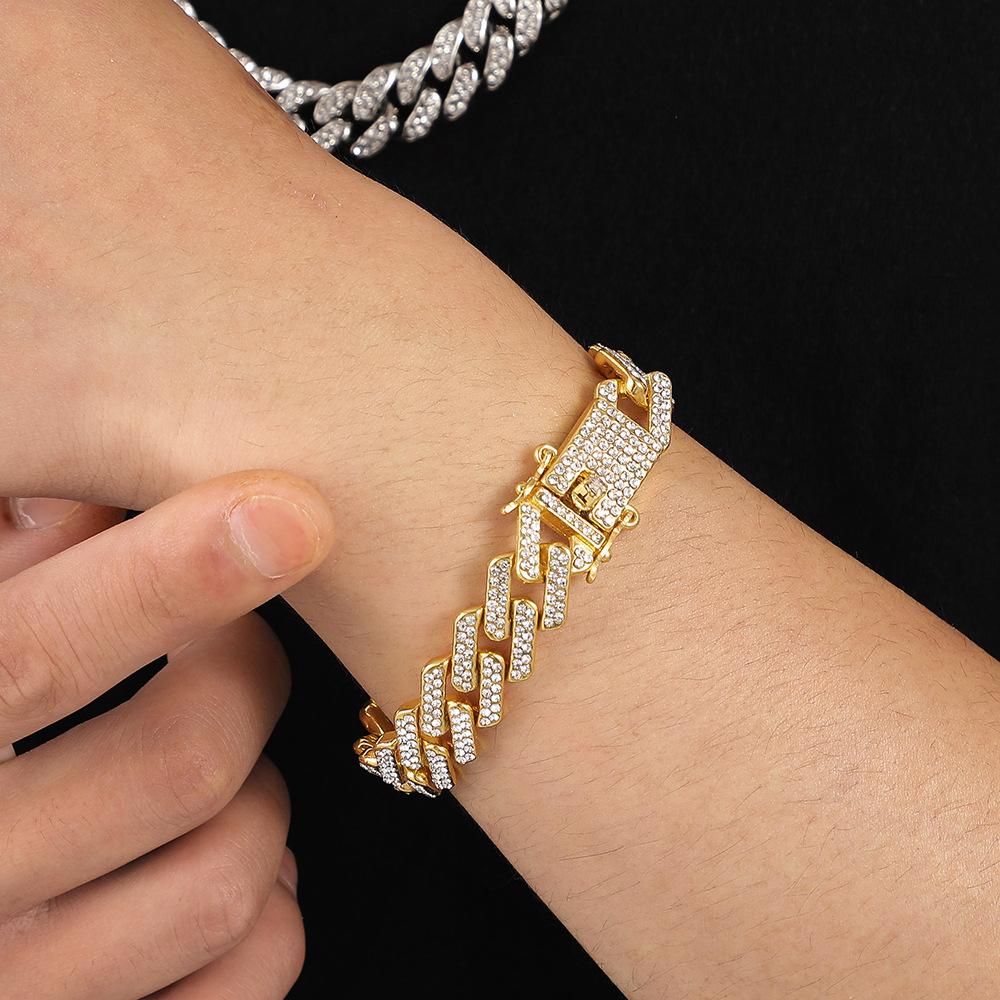 Trendy golden rhombus 12mm full diamond box buckle men's jewelry simple natural atmosphere jewelry