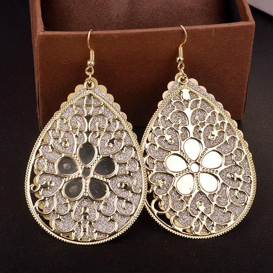 Exaggerated Retro Palace Hollow Flower Frosted Earrings High Quality Ladies Earrings Water Drop Swing Earrings