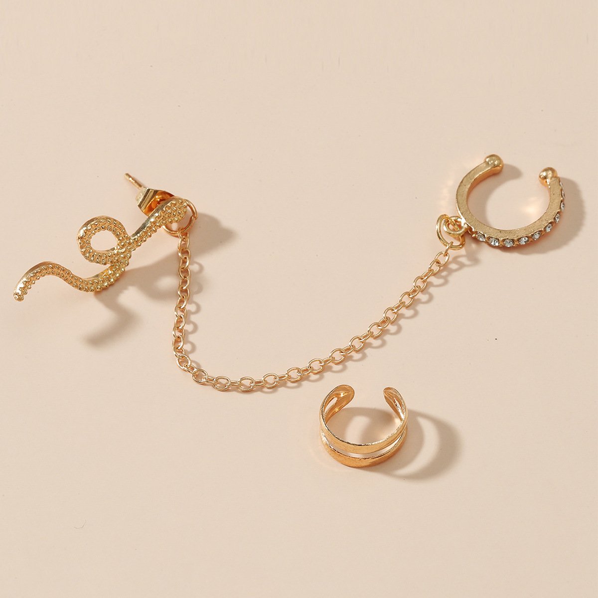 Ins cold and hole-free earrings set retro zircon snake-shaped chain ear clip net red full of diamond animal earrings female