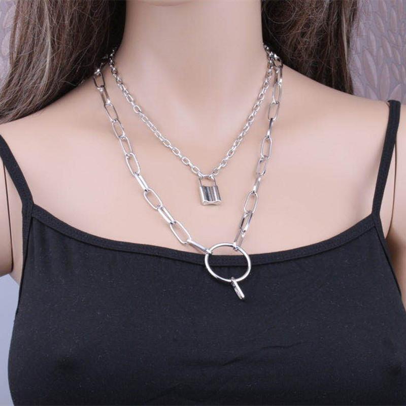Jewelry Personality Punk Pop Double Layer Necklace Copper Ring Lock Pendant Necklace