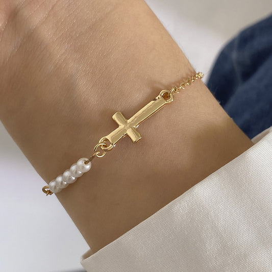 Jewelry temperament cold imitation pearl chain bracelet hip-hop simple metal cross jewelry