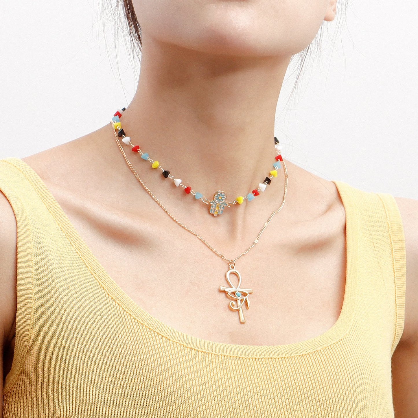 Jewelry trend double-layer color crystal stone cross necklace female niche high-end necklace light luxury