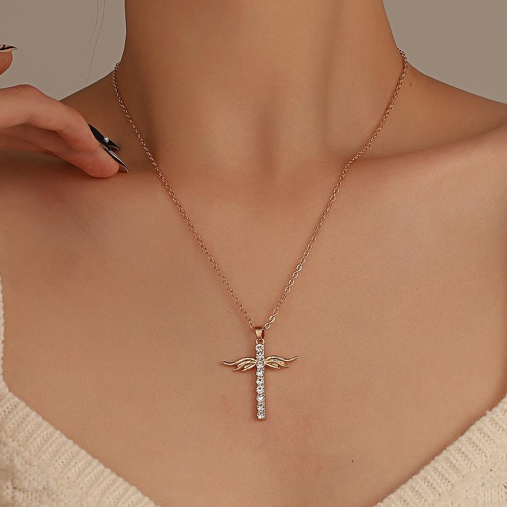 Ins full diamond cross necklace fashion temperament niche design angel wings collarbone chain couple necklace