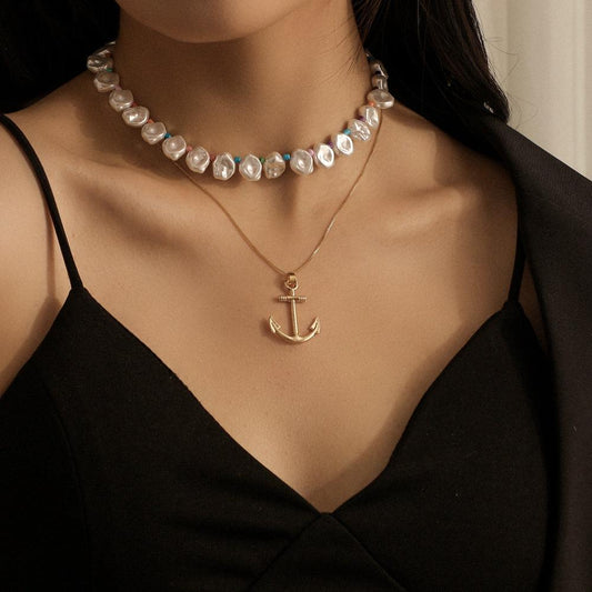 Double Bohemian Pearl Mixed Color Round Bead Clavicle Necklace Personality Retro Ship Anchor Hook Pendant Necklace