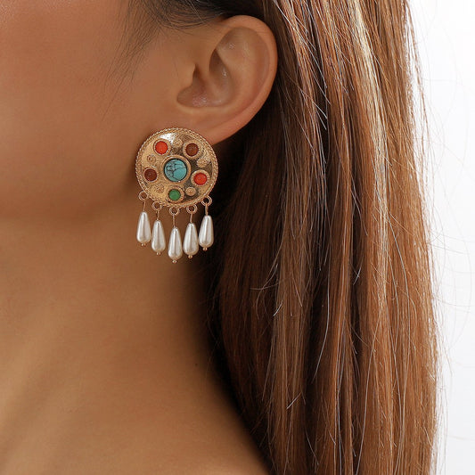 E1146 Retro Medieval Pearl Temperament Earrings Baroque French Retro Resin Gemstone Earrings