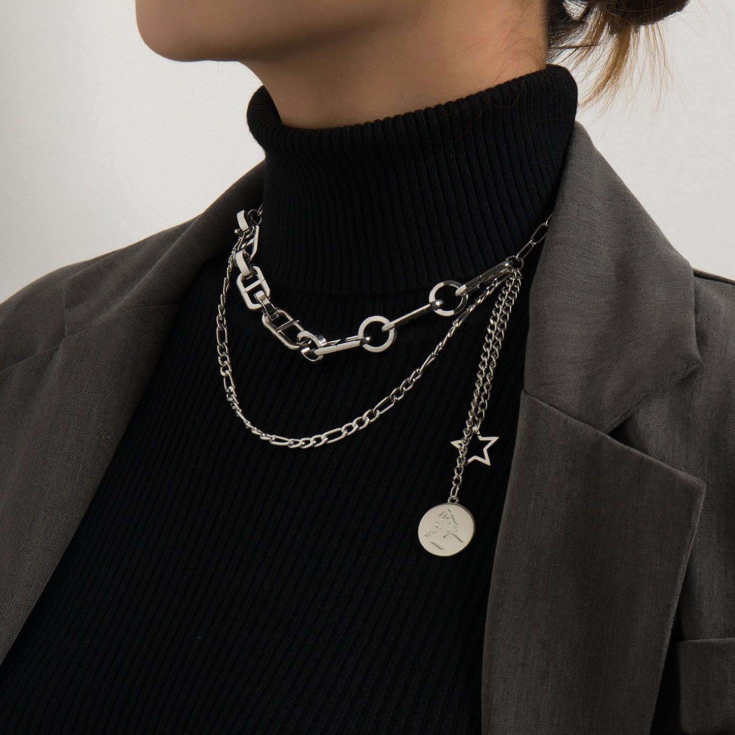 Jewelry fashion trend hip-hop ins multi-layered wearing round card pendant personalized splicing necklace