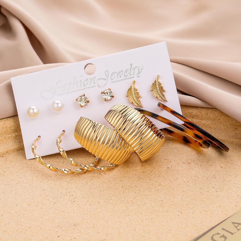 Simple trendy retro leopard print acrylic leaves C-shaped earrings beautiful earrings set for women