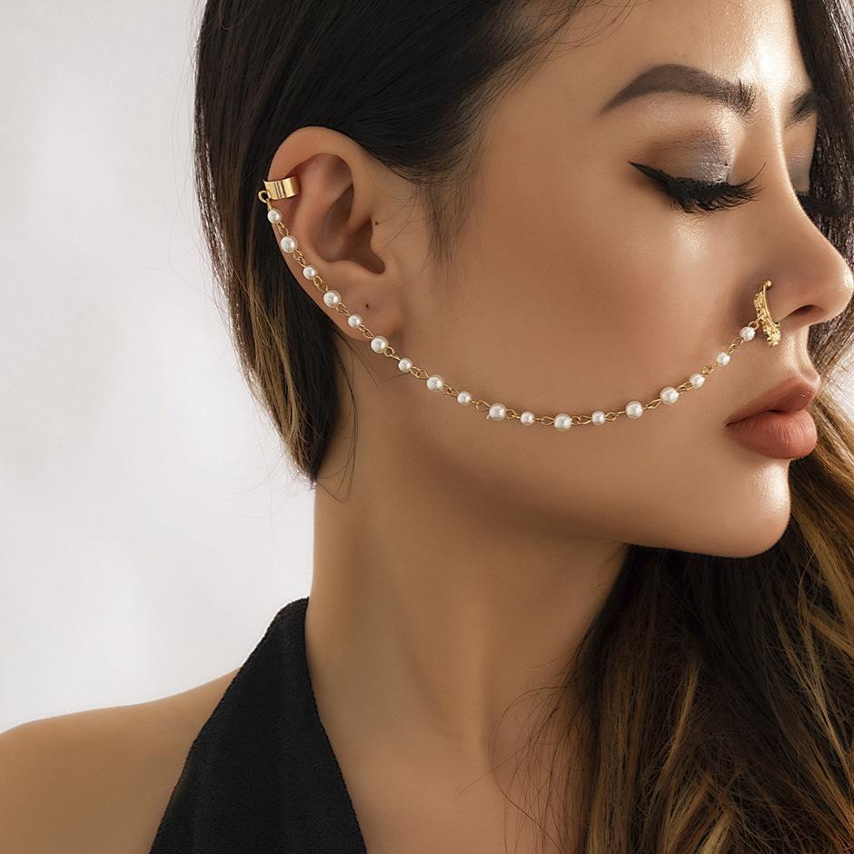 Jewelry Sweet Cool Punk Piercing Jewelry Imitation Pearl Butterfly Tassel Chain Ear Stud Nose Clip Female