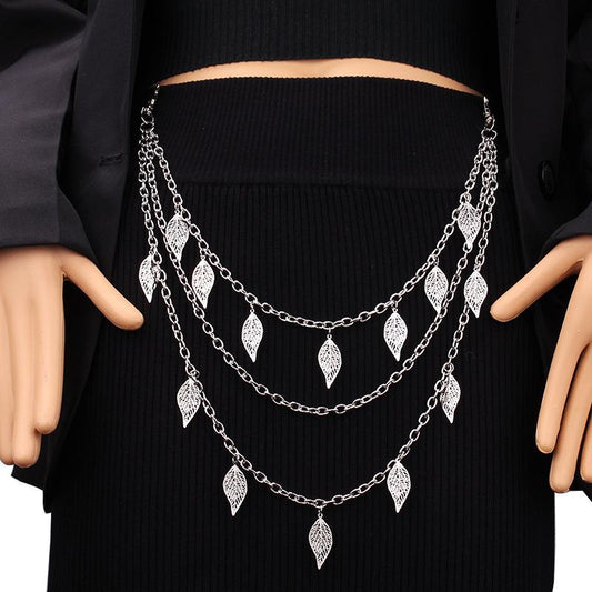 Jewelry Multilayer Fashion Retro Hollow Leaf Pants Chain Versatile Leaf Geometric Pendant Waist Chain