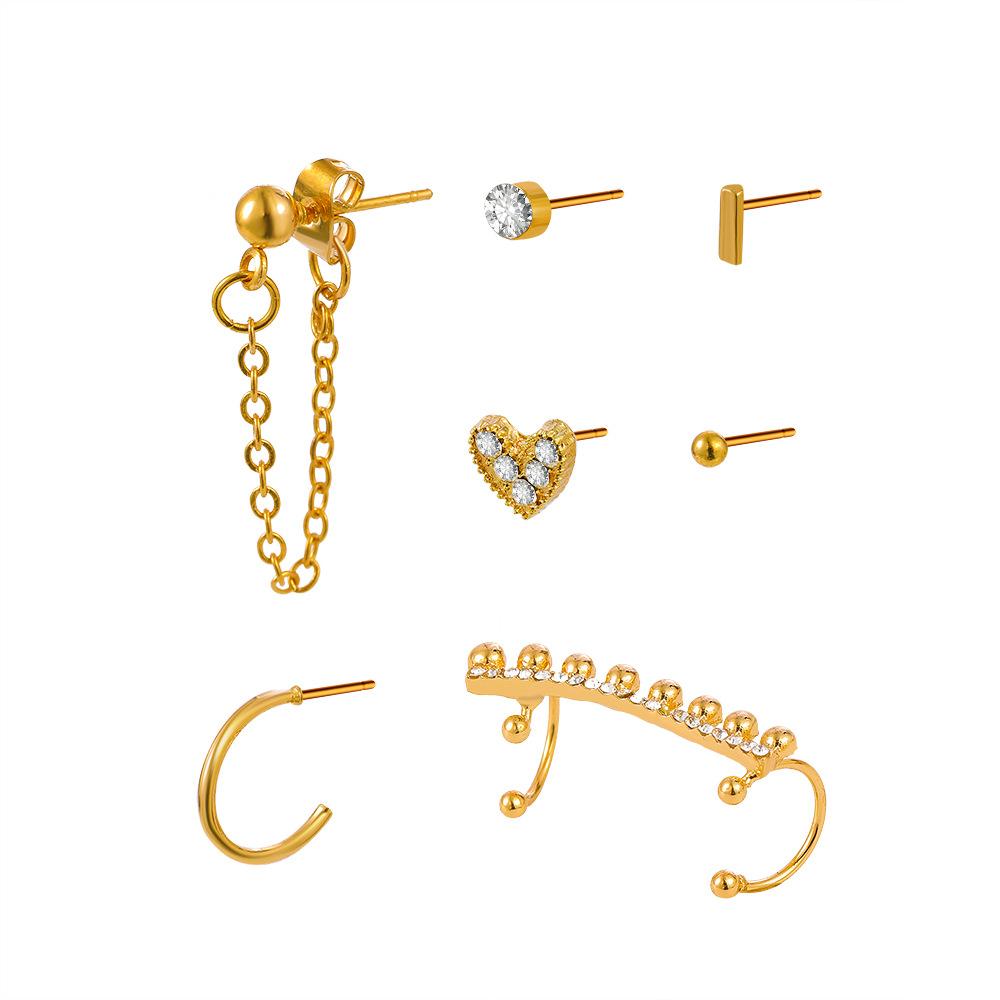 Zircon earring set fashion ins metal ear piercing love chain ear clip one-piece 7-piece set