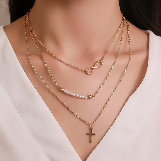 Fashion Women's Figure 8 Pearl Multilayer Pendant Necklace Cross Clavicle Chain Jewelry