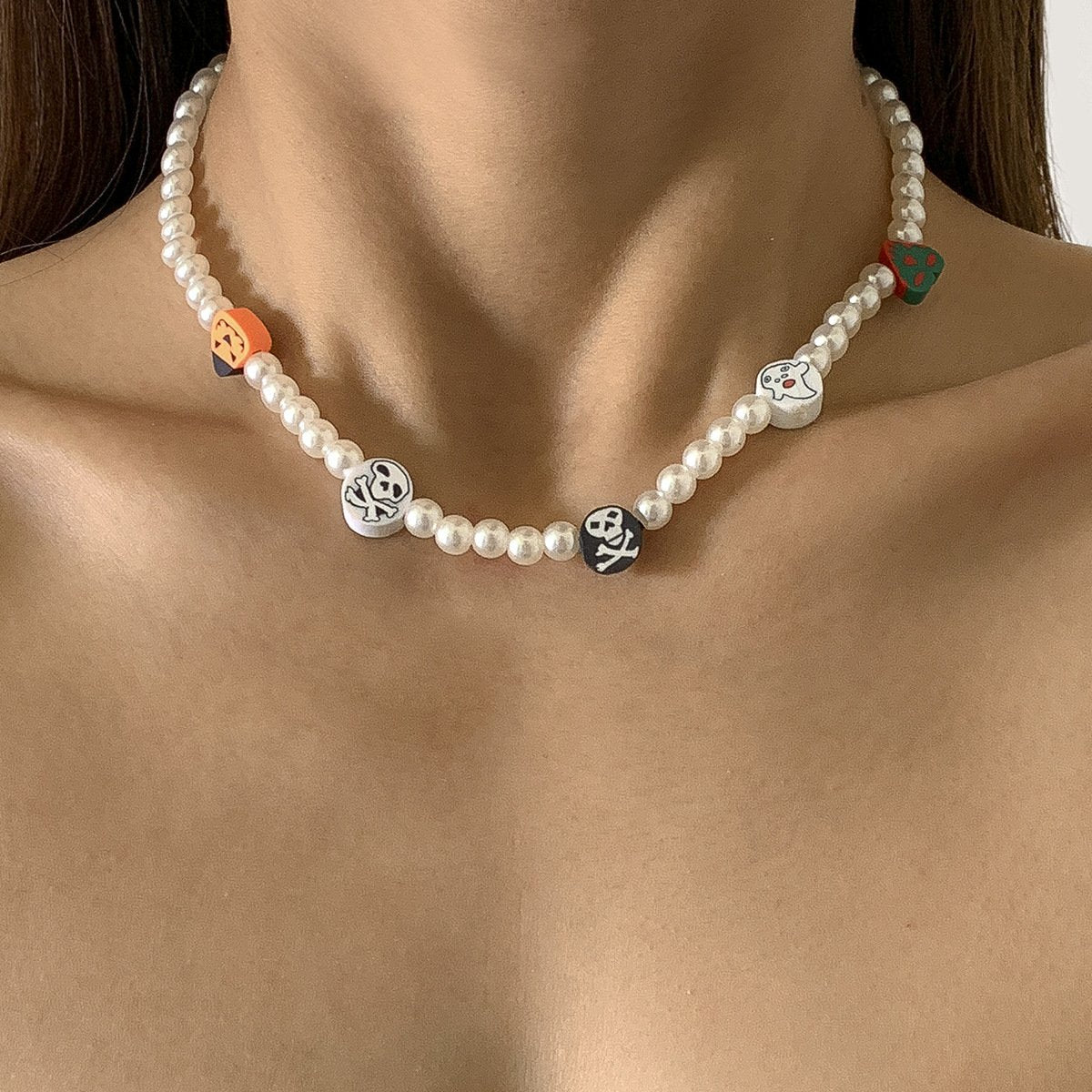 Creative color Christmas funny imitation pearl necklace jewelry soft pottery pattern beaded necklace female