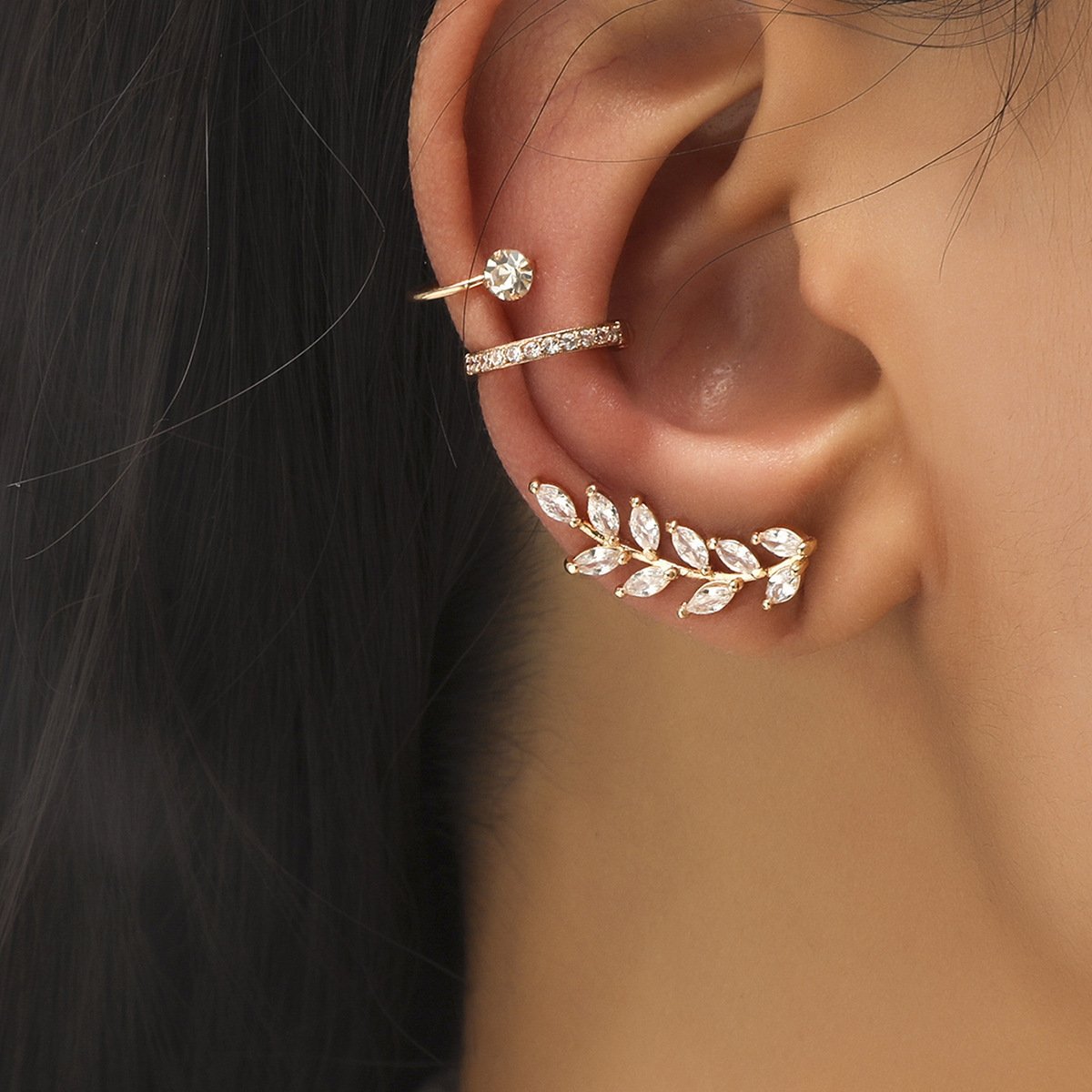 Zircon ear clip set ins fashion temperament leaf ear bone clip without ear hole simple personality earrings