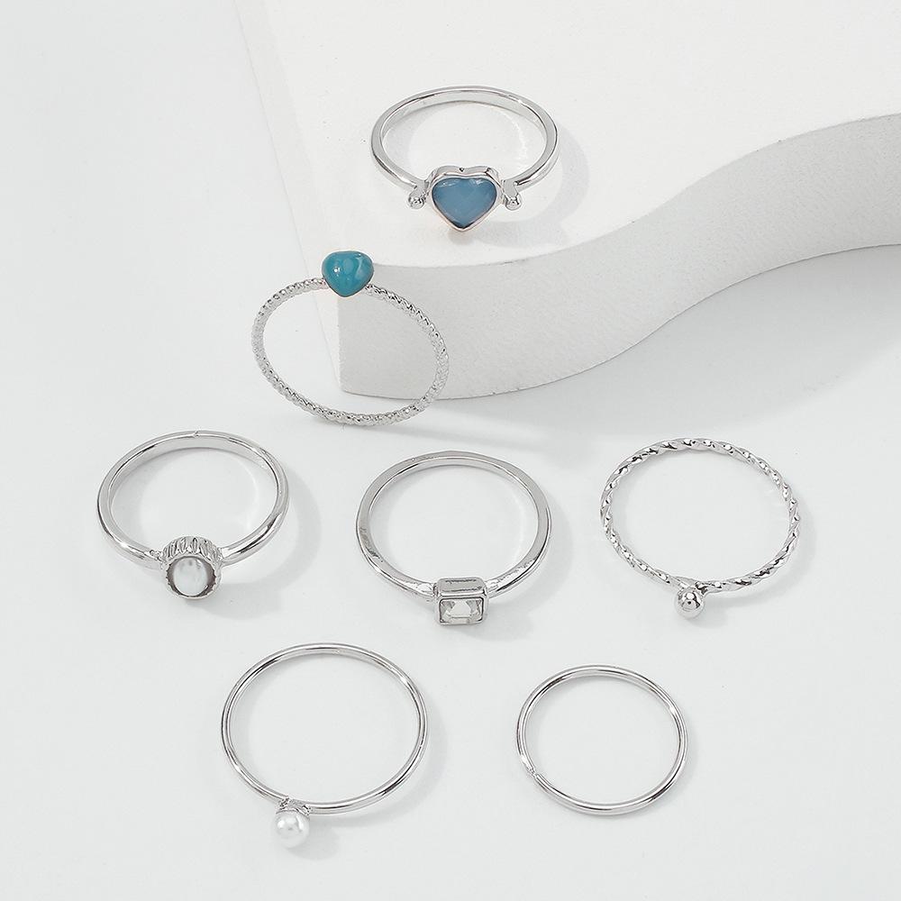 R447 fashion simple imitation pearl ring alloy diamond retro personality joint ring seven-piece set