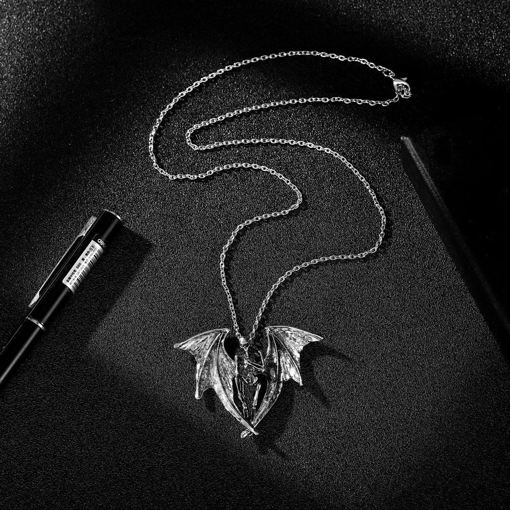 Halloween Necklace Creative Bat Wings Luminous Feather Hip Hop Skull Pendant