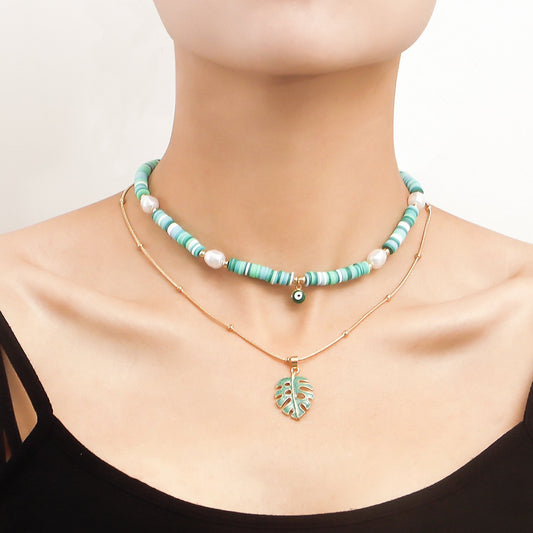 Jewelry bohemian green soft pottery dripping oil leaf necklace female double layer retro ethnic necklace