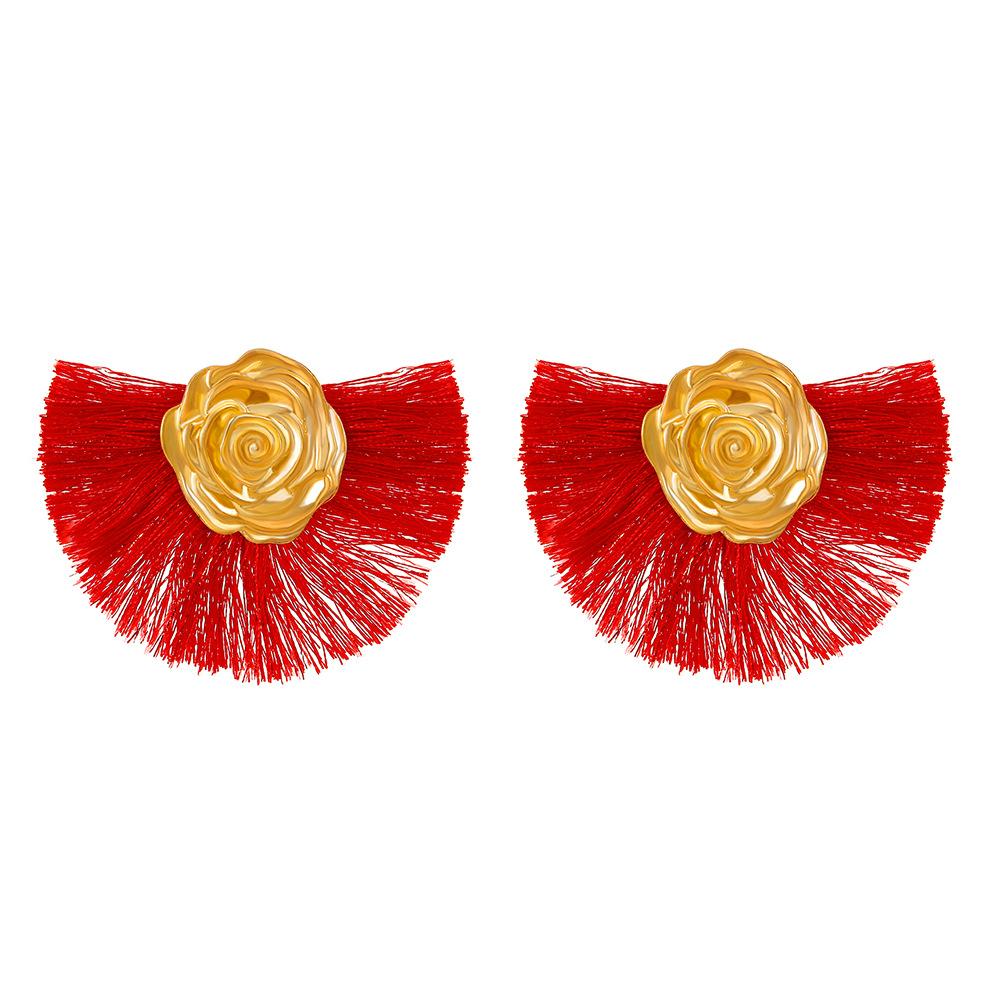 Ins fan-shaped tassel earrings female Bohemian ethnic exaggerated rose geometric earrings temperament