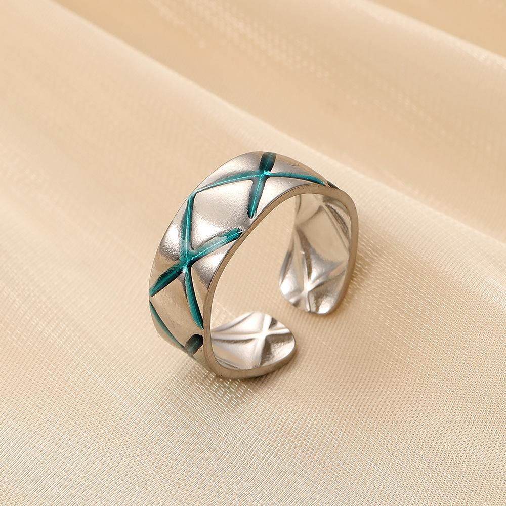 Ins trend fashion lady's stainless steel open cross blue oil drop ring