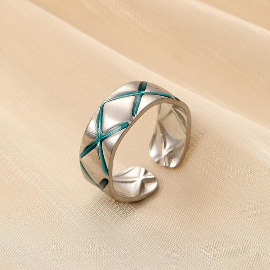 Ins trend fashion lady's stainless steel open cross blue oil drop ring