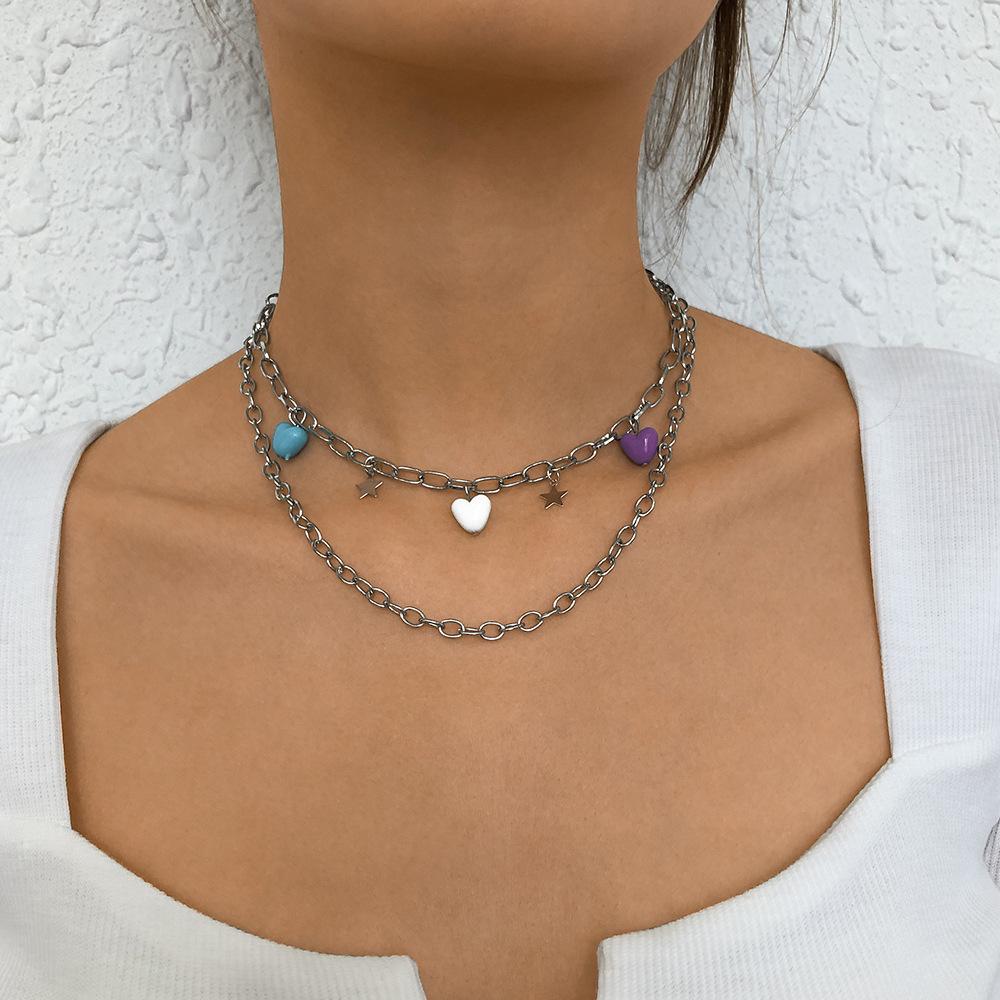 N9513 Personality Simple Double Layer Necklace Pentagram Resin Heart Necklace Geometric Sweet Cool Necklace for Women