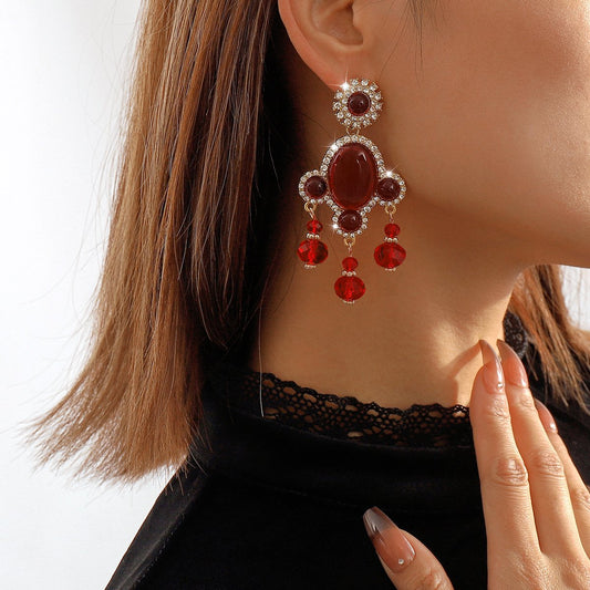 E112 National Temperament Light Luxury Heavy Industry Crystal Lantern Earrings Retro Exaggerated Personality Festive Rhinestone Earrings