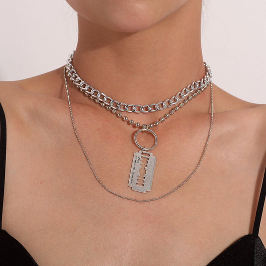 Jewelry Punk Exaggerated Razor Blade Necklace Women's Fashion Retro Multilayer Aluminum Chain Bead Necklace