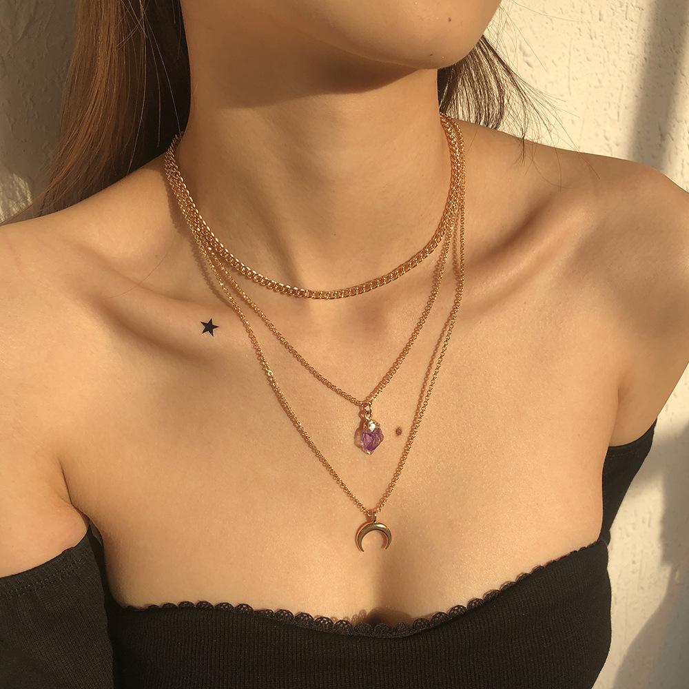 N9744 Jewelry Simple Multi-layer Chain Stacked Necklace Female Resin Crescent Element Temperament Necklace