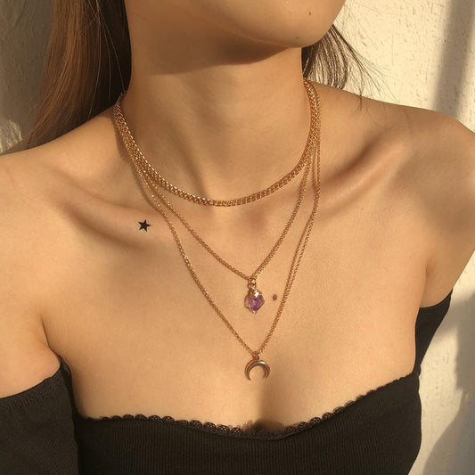 N9744 Jewelry Simple Multi-layer Chain Stacked Necklace Female Resin Crescent Element Temperament Necklace