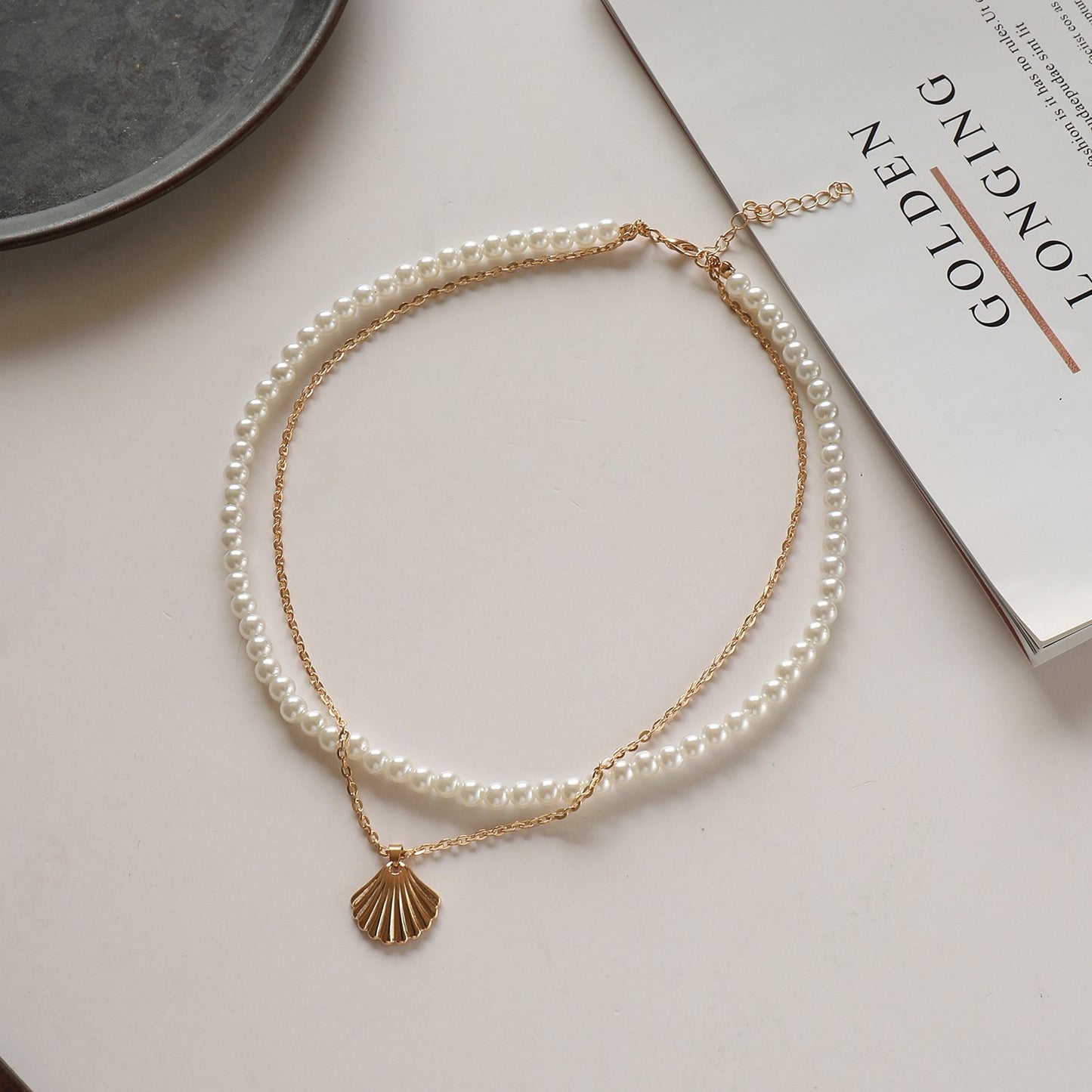 Jewelry Temperament Pearl Scallop Alloy Pendant Necklace Female Fashion Simple Handmade Double Layer Necklace
