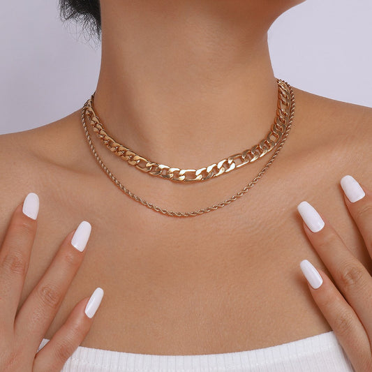 N8889 double-layer stacked necklace Cuban chain hip-hop punk necklace niche geometric personality clavicle chain