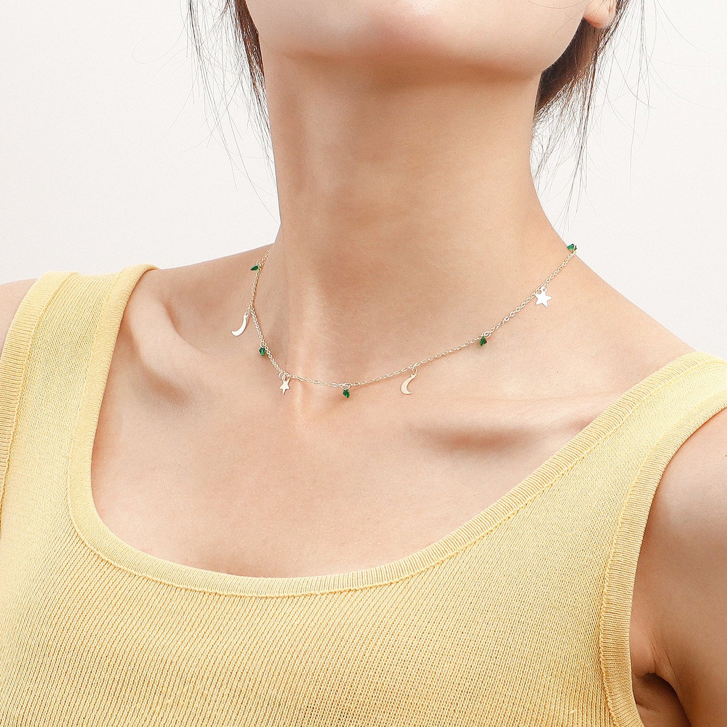 Jewelry Simple Necklace Green Crystal Star Crescent Pendant Necklace Female Light Luxury Niche