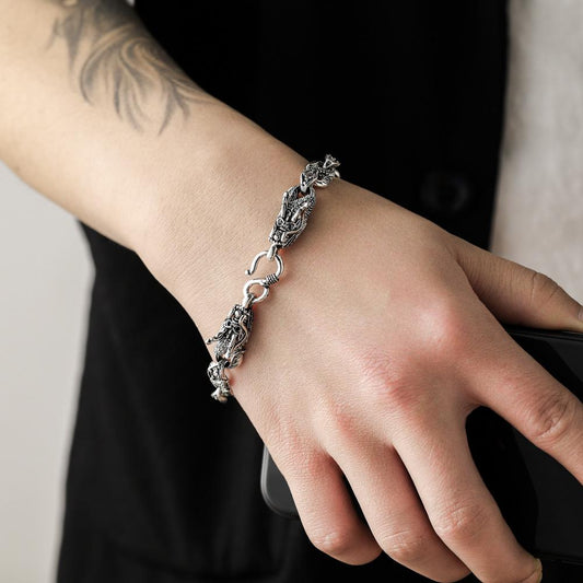 Trendy punk street men's ancient silver double dragon bracelet exaggerated fashion jewelry