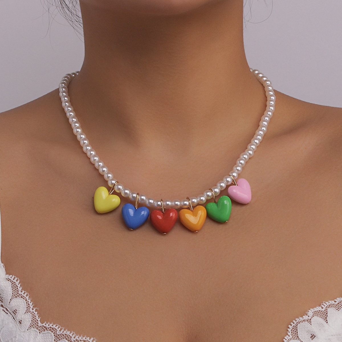 N136 Rainbow Pearl Necklace Spring and Summer Temperament Niche Necklace Net Red Resin Love Sweet Cool Necklace