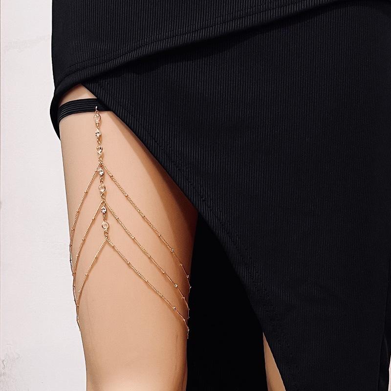 Bohemian three-layer tassel crystal pearl metal thigh chain female summer fashion sexy beach leg chain