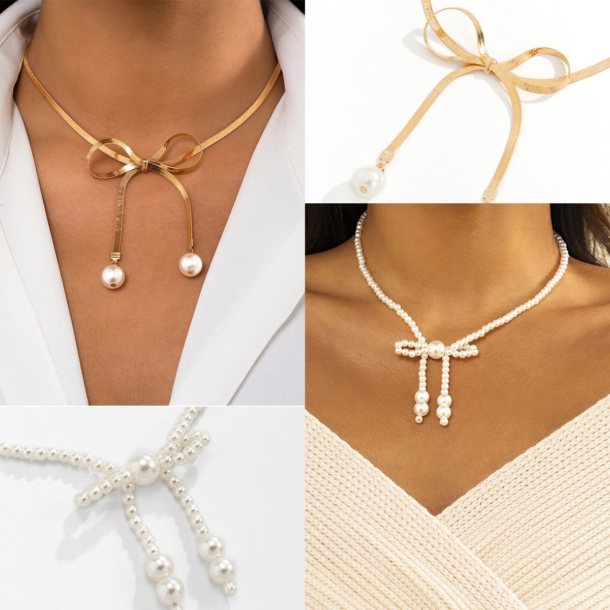 Jewelry Niche Design Bowknot Pearl Necklace Simple and Versatile Metal Snake Bone Chain Necklace